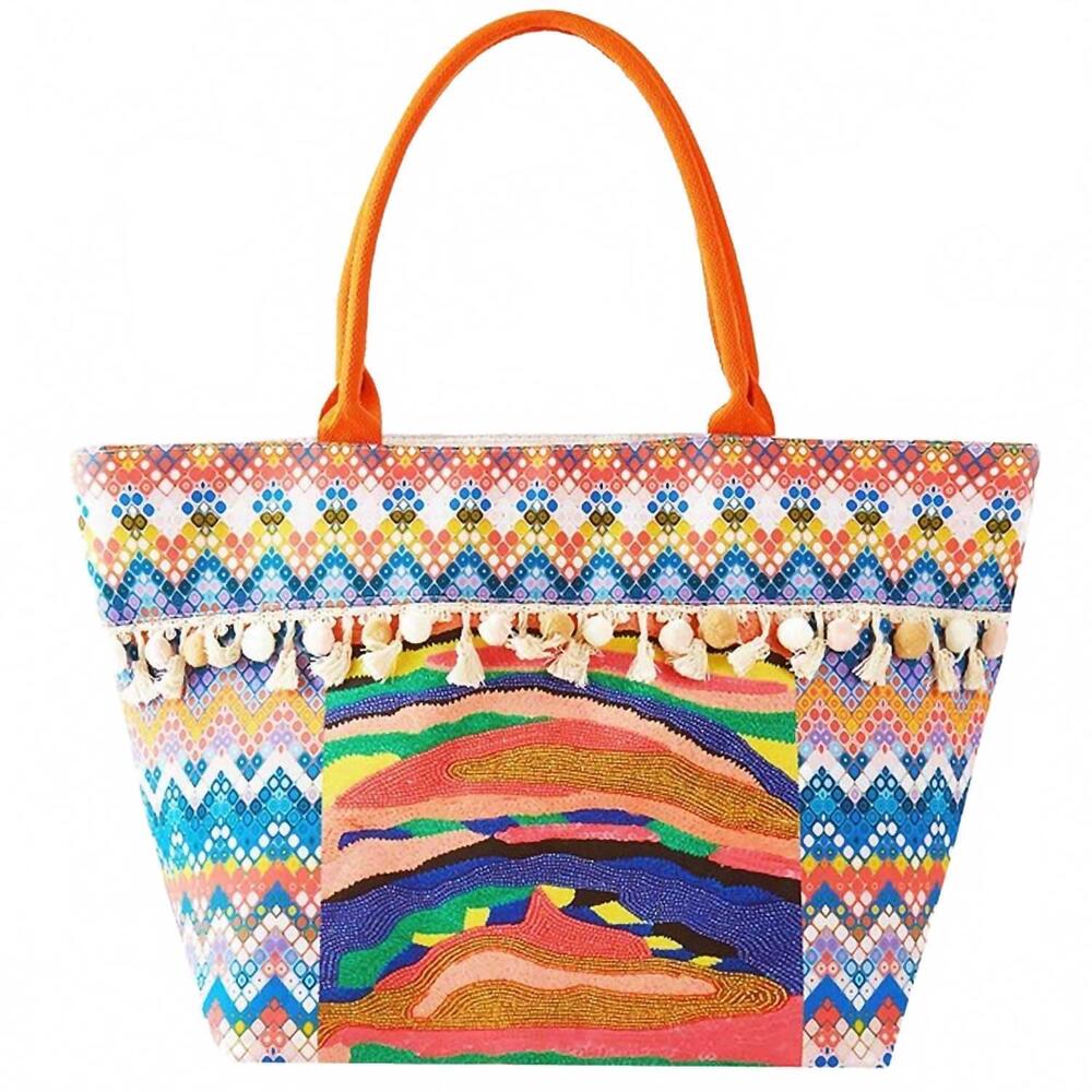 NEW 3AM BY H&D ACCESSORIES women's boho print pom pom fringe tote bag in multi